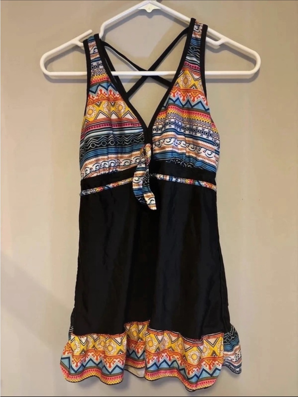 Women's Black Tankini Top with Multicolor Tribal Print